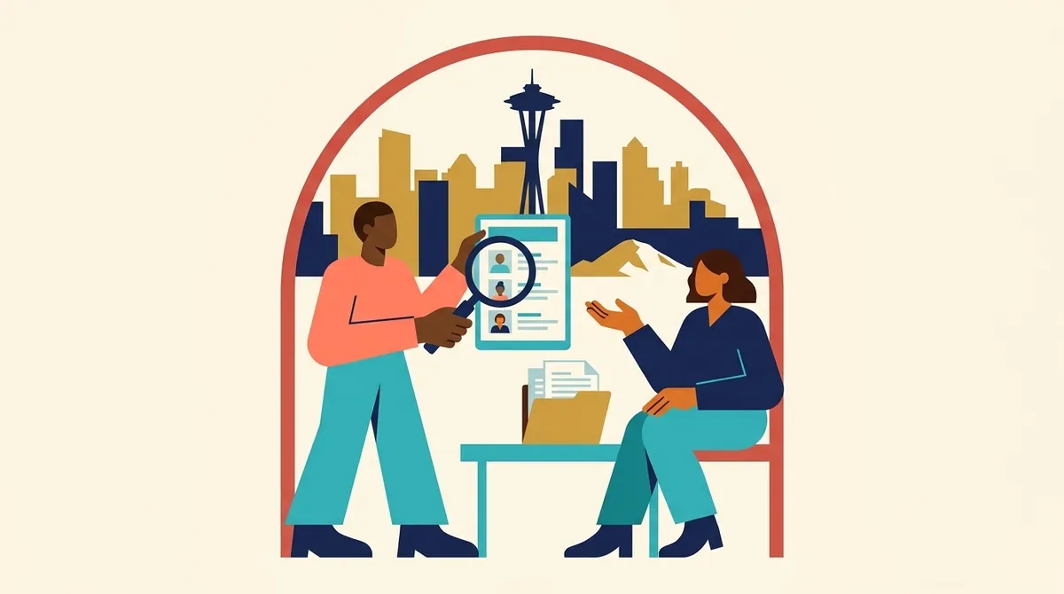Dos personas buscan con una lupa en un directorio de profesionales en una tableta, con el perfil de Seattle al fondo.