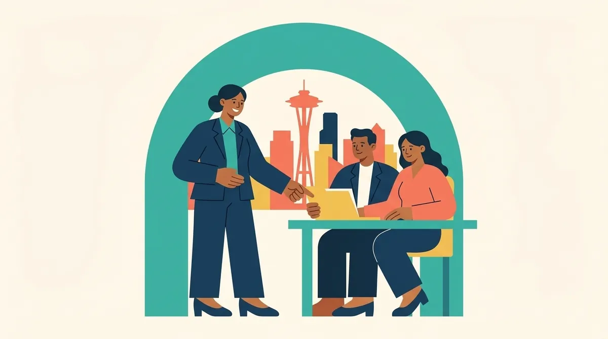 Una voluntaria revisa una carpeta con dos personas en una mesa comunitaria, bajo un arco y el perfil de Seattle.