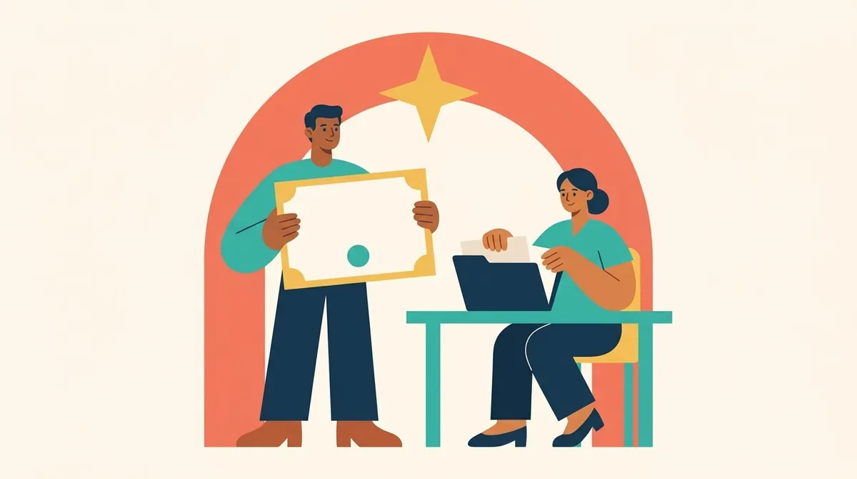 Dos personas organizan un certificado y una carpeta en una ilustración sobre ciudadanía.