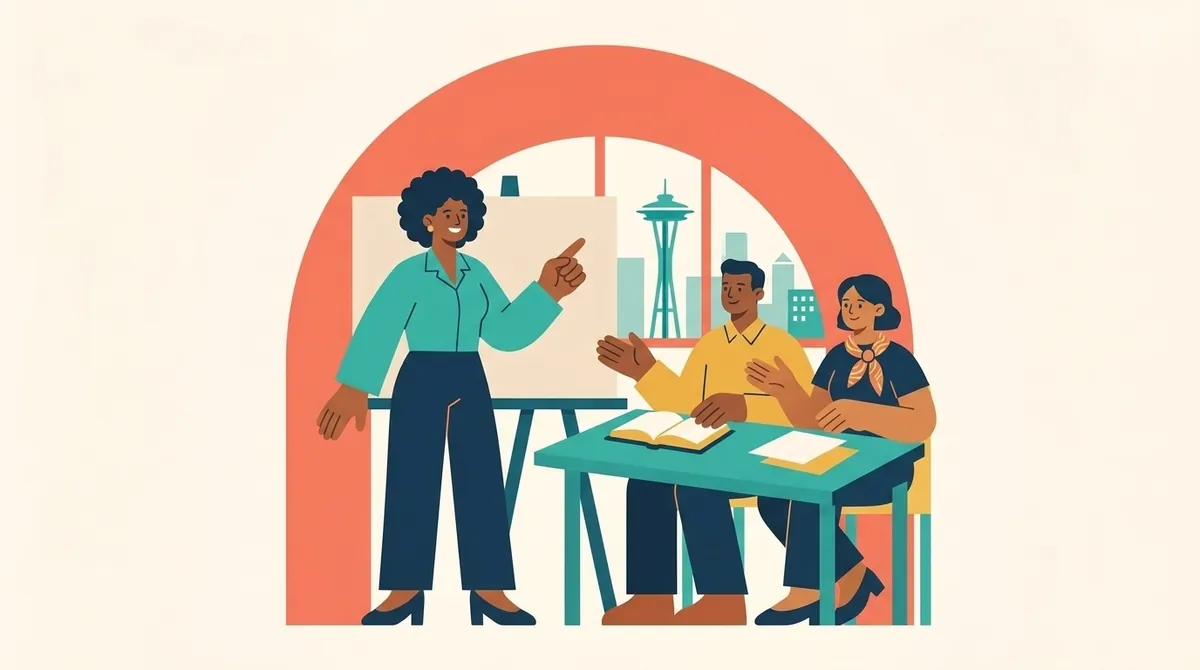 Una maestra señala una pizarra frente a dos estudiantes adultos con libros abiertos, con el perfil de Seattle al fondo.
