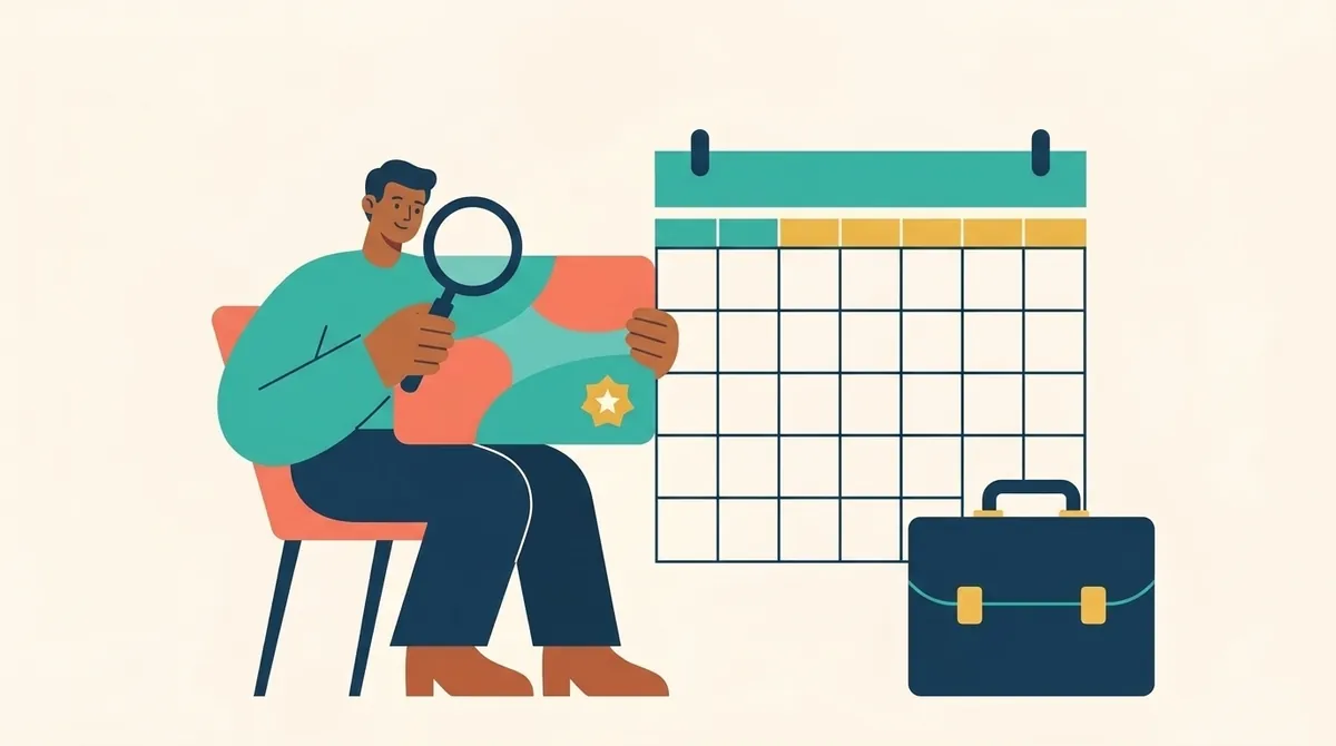 Una persona examina con una lupa su tarjeta de trabajo junto a un calendario grande y un maletín.