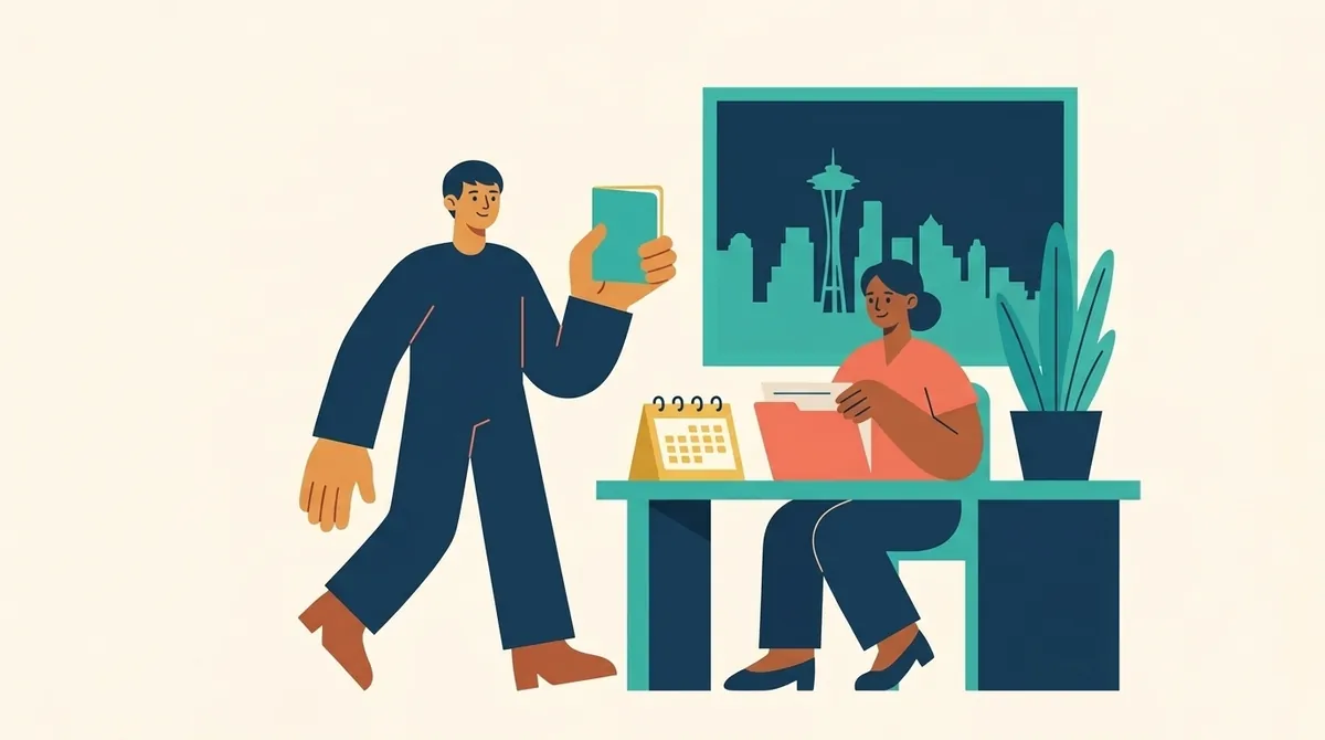 Una persona con su pasaporte se acerca a un mostrador de atención con un calendario de citas y el perfil de Seattle.