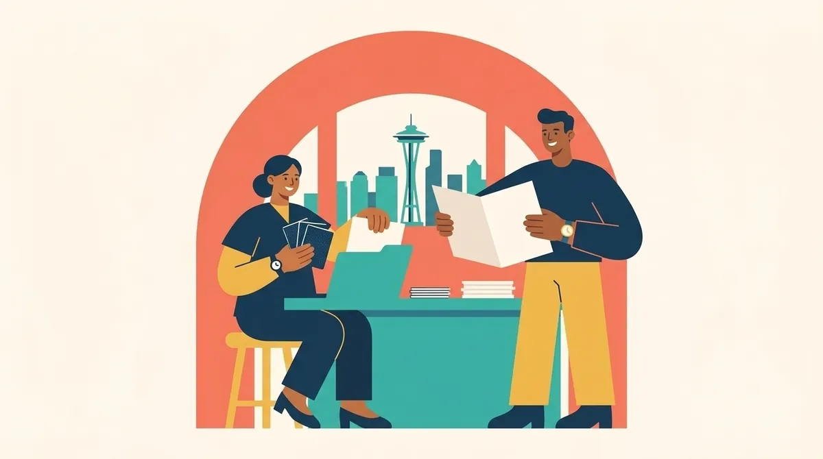 Dos personas preparan sus pasaportes y papeles de cita en un mostrador consular, bajo un arco y el perfil de Seattle.