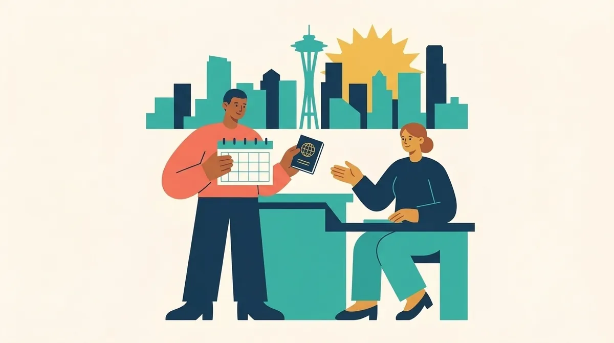 Una persona revisa su cita y su pasaporte con una empleada en un mostrador de atención, con el perfil de Seattle.