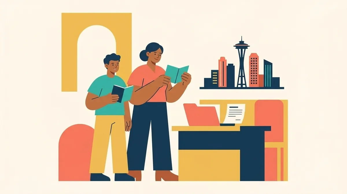 Dos personas preparan sus pasaportes junto a una recepción consular, con una carpeta y el perfil de Seattle.