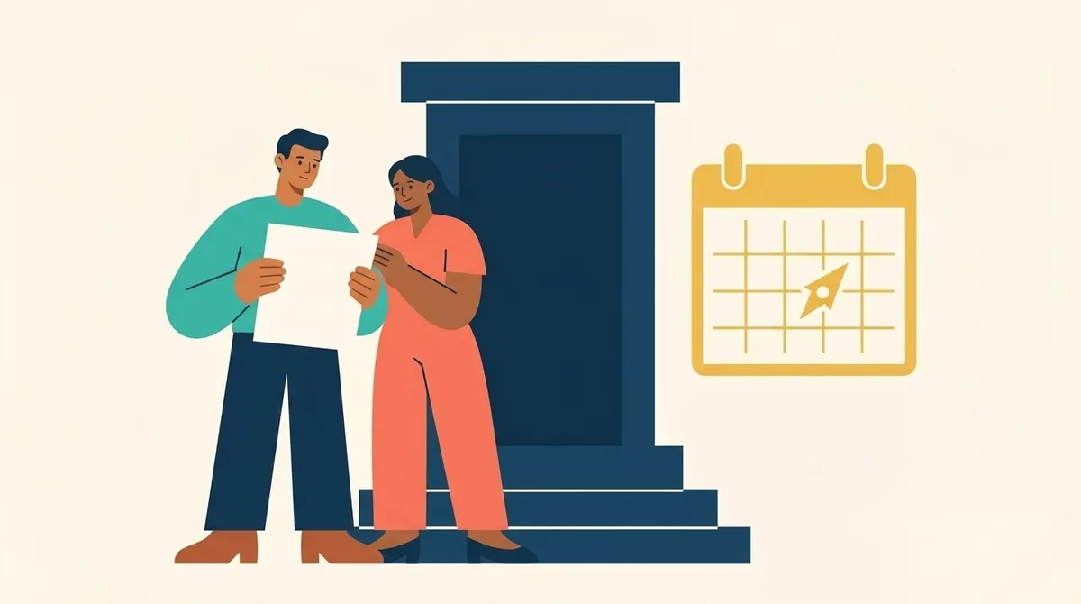 Una persona revisa su aviso de audiencia con un acompañante junto a la puerta de un edificio y un calendario grande.
