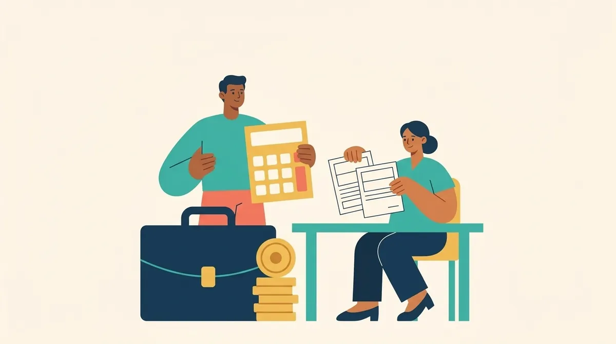 Una persona compara solicitudes con una calculadora, monedas y un maletín.