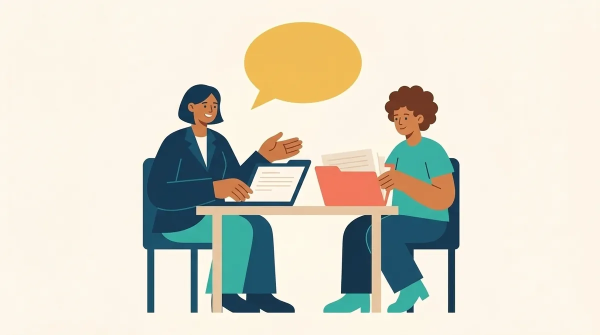 Dos personas conversan sentadas frente a un escritorio durante una entrevista, con una carpeta preparada entre ellas.