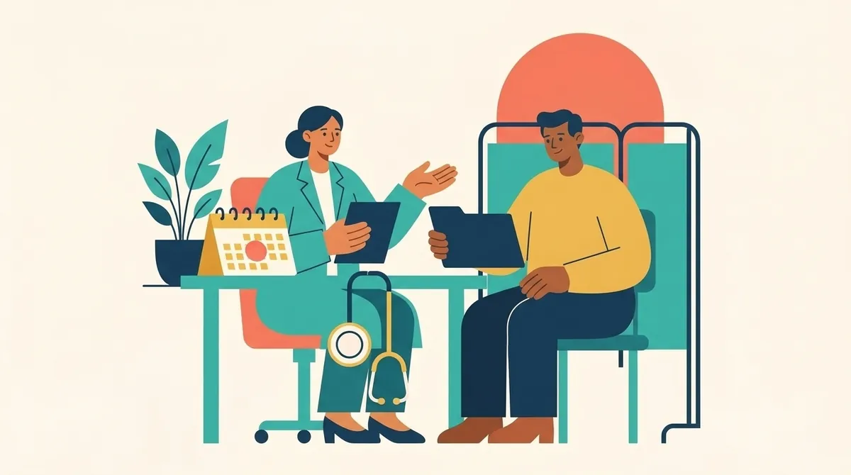 Una persona consulta con una doctora en un consultorio tranquilo, con un estetoscopio, una carpeta y un calendario.