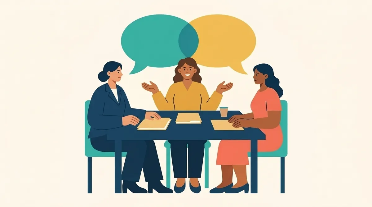 Tres personas en una mesa: una intérprete conecta a dos personas, con burbujas de diálogo entre ellas.