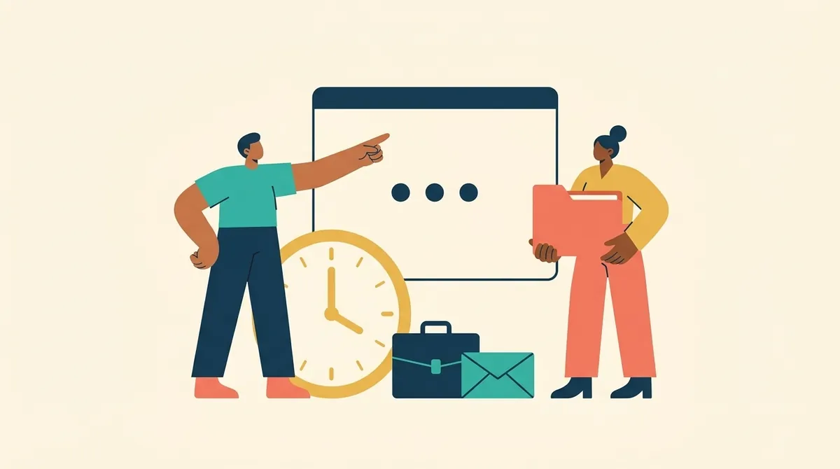 Dos personas consultan el estado de un permiso de trabajo junto a un reloj y un sobre.