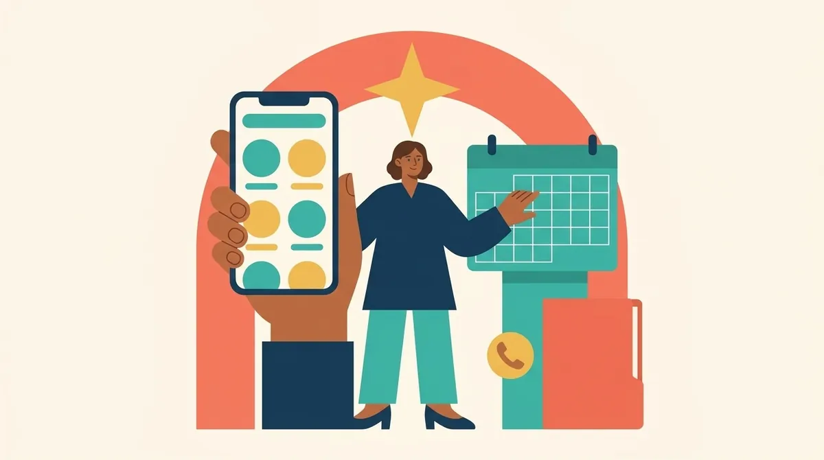 Una persona con un teléfono elige una fecha en un calendario de citas junto a la puerta de una oficina.