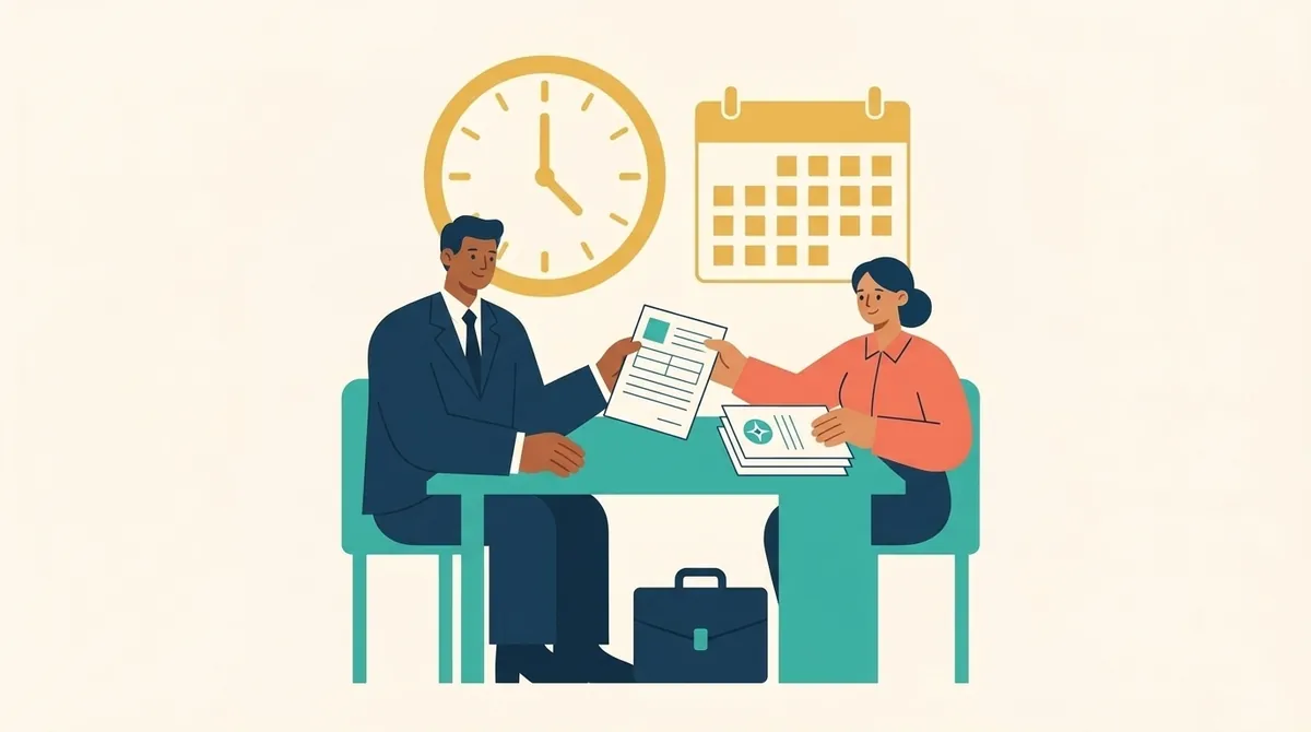 Dos personas revisan una solicitud de trabajo con un reloj grande y un calendario que marcan los plazos.