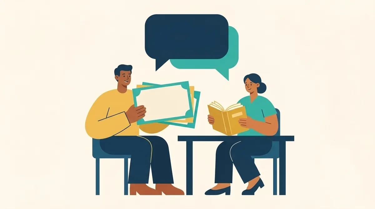 Dos personas estudian con tarjetas de repaso en una mesa, con una burbuja de diálogo y un libro.