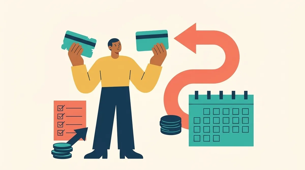 Una persona compara una tarjeta vieja y una nueva junto a una flecha de renovación y un calendario.