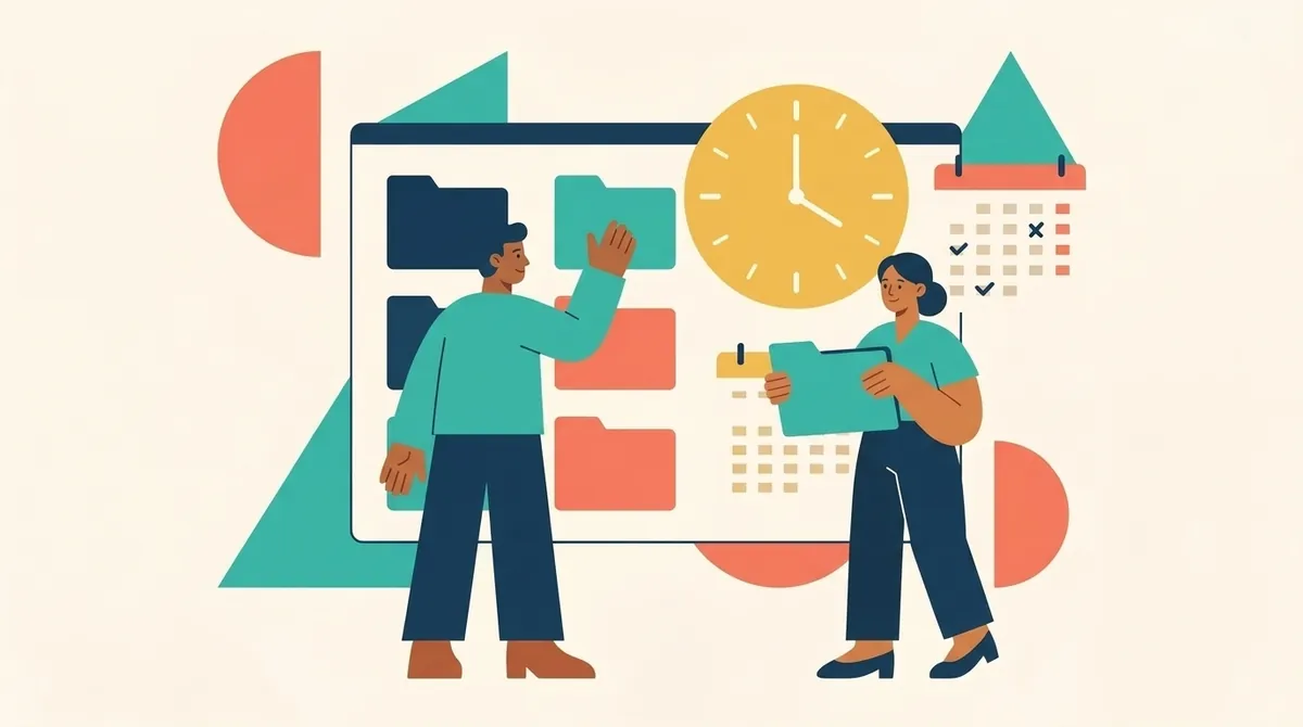 Dos personas revisan carpetas en una pantalla grande junto a un reloj y un calendario.