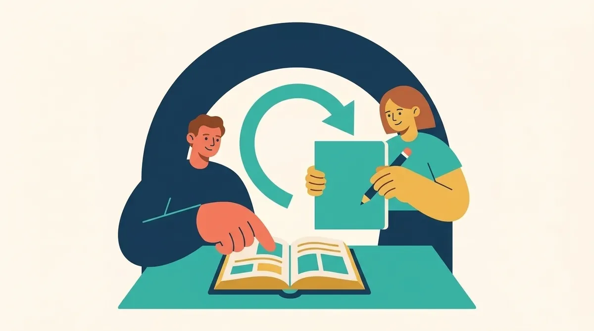 Una persona vuelve a estudiar con un tutor, con un libro abierto y una flecha que indica un nuevo intento.