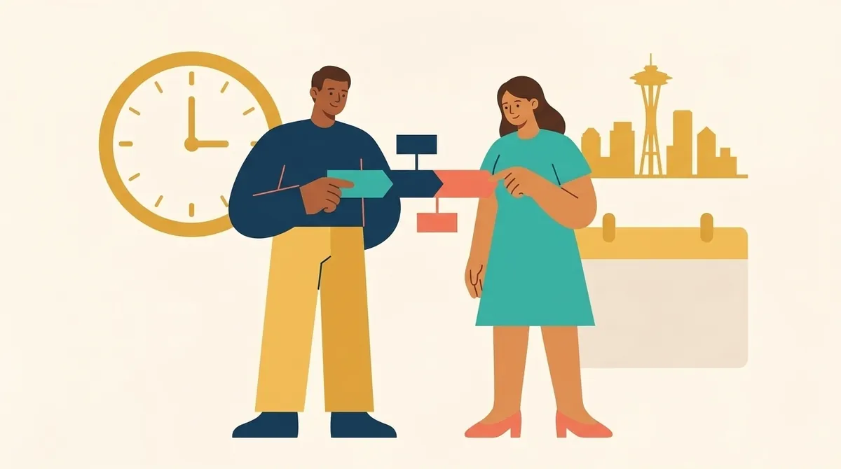 Dos personas comparan una línea de tiempo de procesamiento junto a un reloj grande, un calendario y el perfil de Seattle.