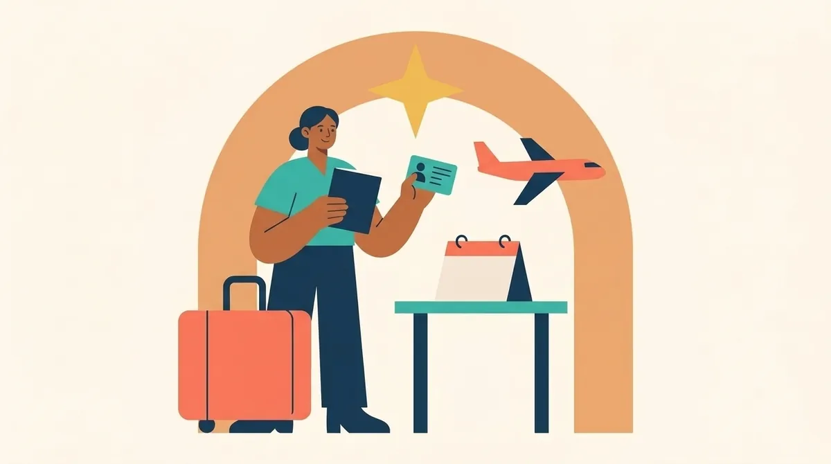 Una persona con una maleta compara su pasaporte, su tarjeta de identidad y un calendario junto a la silueta de un avión.