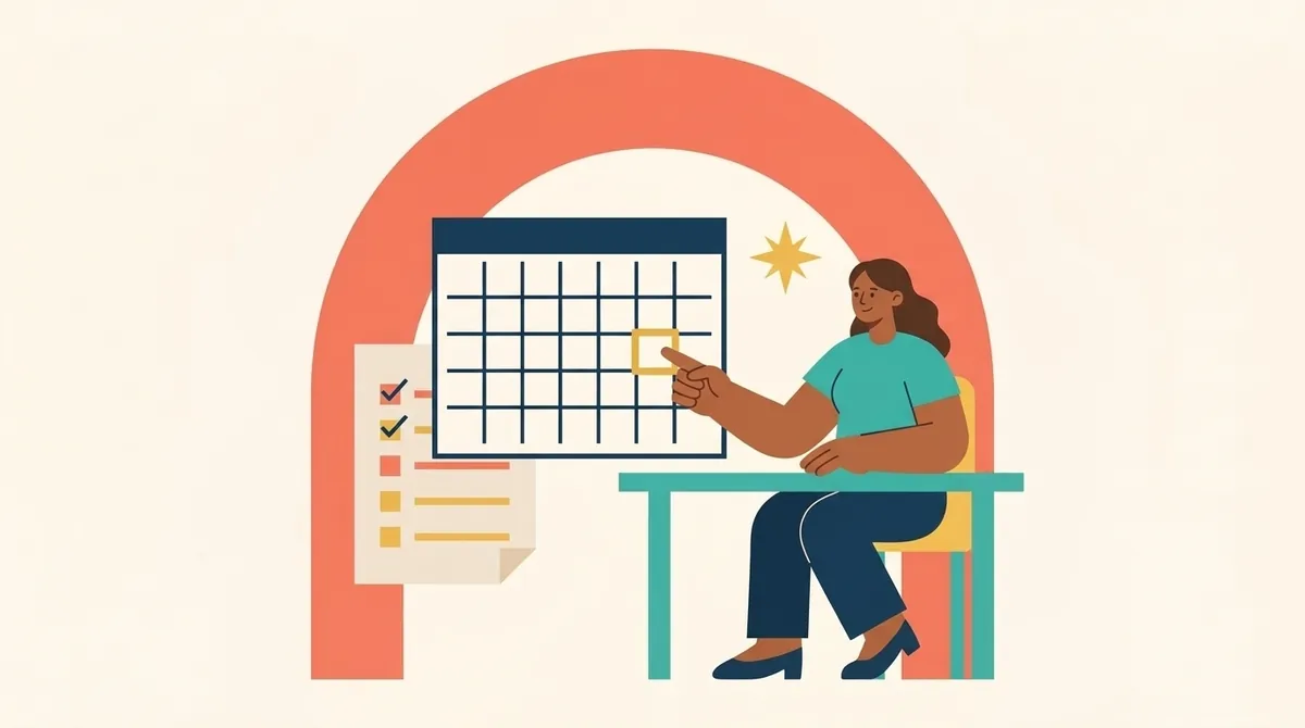 Una persona revisa un calendario grande y una lista de pasos para saber si ya puede aplicar.